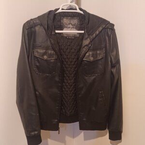 Whispering Smith Black Pleather Hooded Zip Up Lined Bomber 4 Pocket Jacket Large